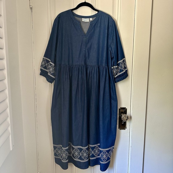 National Blue Denim Embroidered Dress Petite XL Cotton Pockets Casual Style - Picture 1 of 10